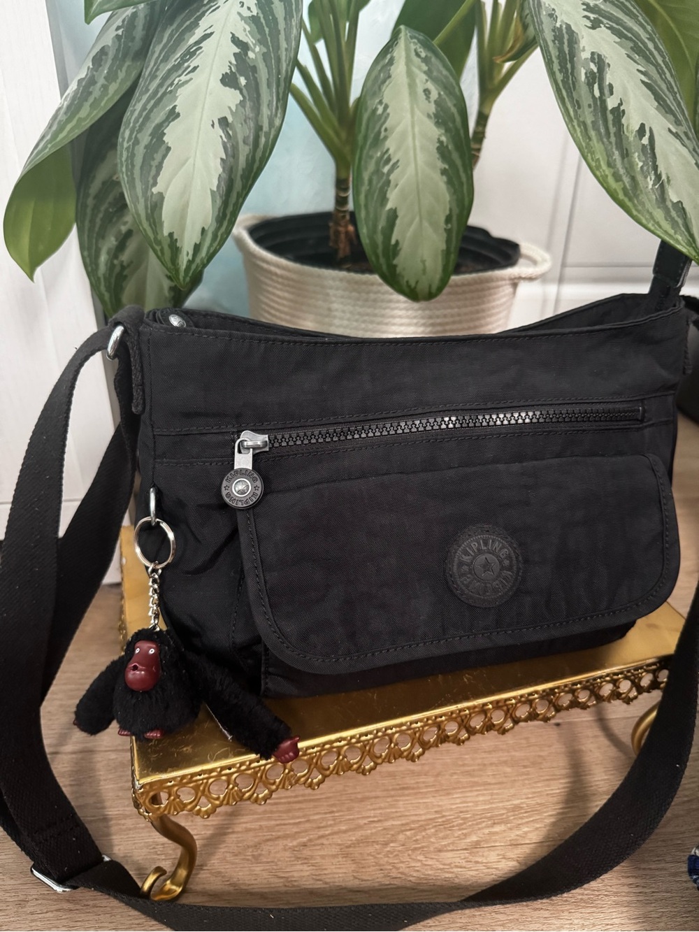 Kipling Black Nylon Crossbody Bag with Monkey Keychain